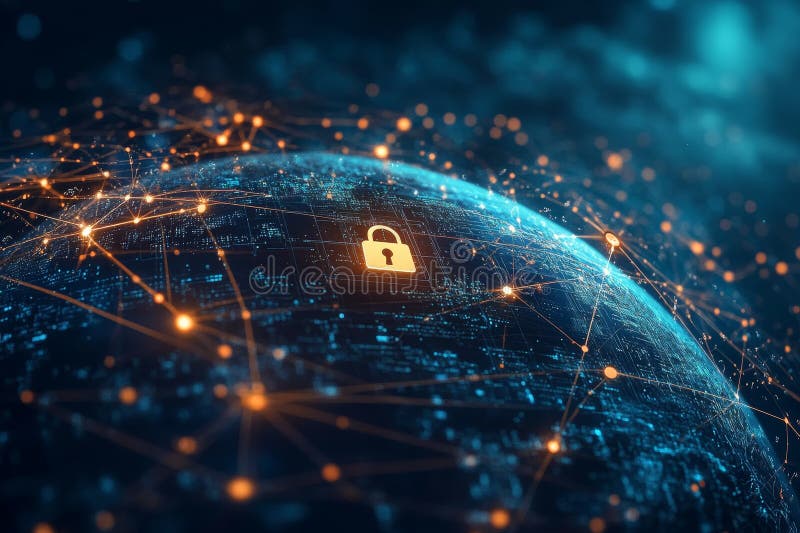 Digital Lock Symbol on Global Network with Bright Connections vector illustration