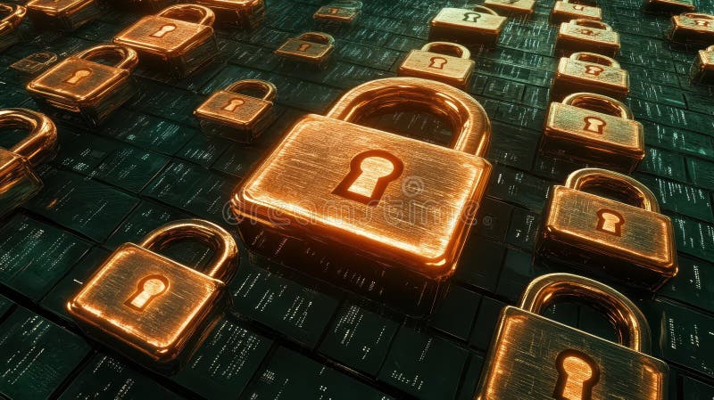 Digital locks on computer screen, cybersecurity and data protection in the age royalty free illustration