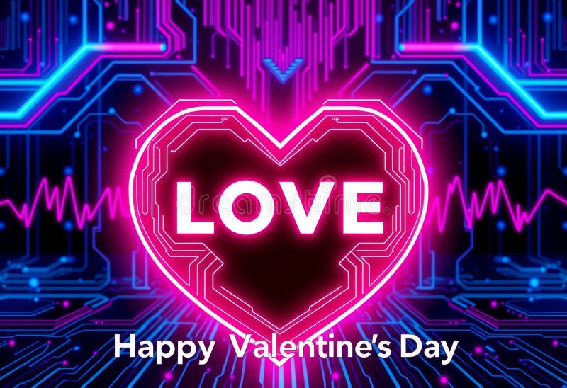 Neon Love Circuit: Futuristic Heart on a Techy Background, generative ai royalty free illustration