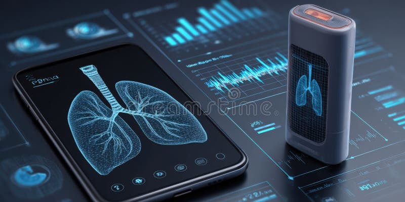 Smartphone showing a wireframe human lungs graphic with medical device displaying diagnostic data graphs on a dark digital interface, representing health monitoring technology. Artificial intelligence lungs stock images, royalty-free photos and pictures