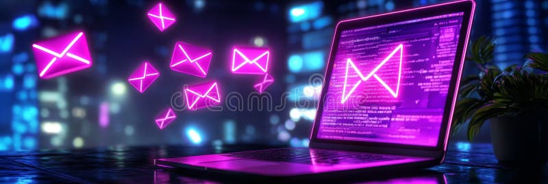 Digital Mail Delivery System Neon emails futuristic tech fast communication global network secure messaging royalty free illustration