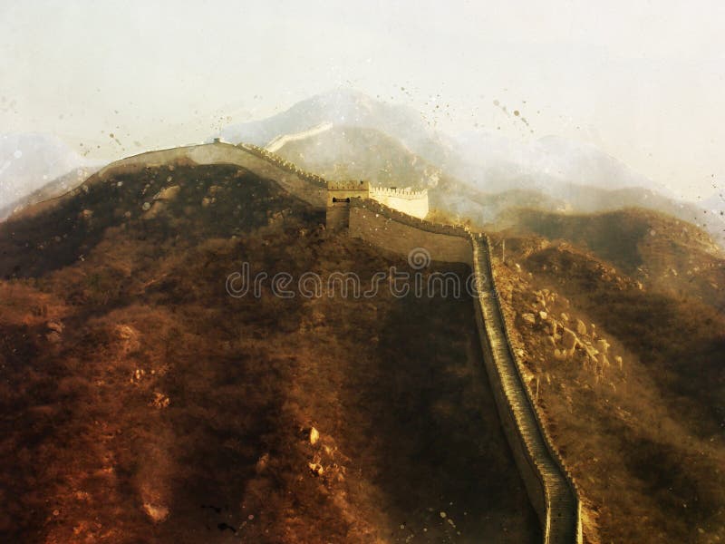 Digital-Malerei der Chinesischen Mauer von China, Aquarellart stockfoto Digital-Malerei der Chinesischen Mauer von China, Aquarellart stockfoto