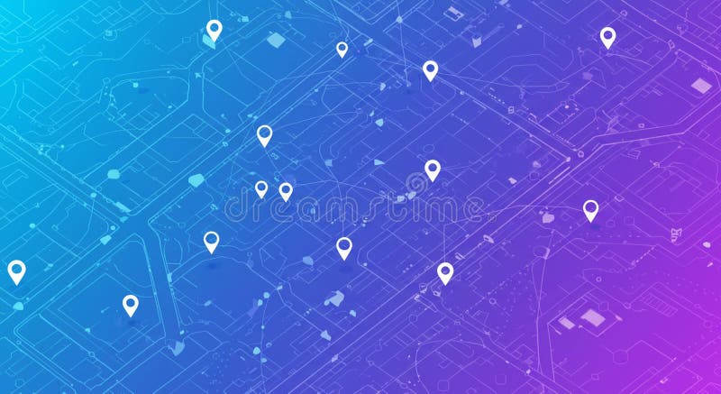 A digital map with a blue-to-purple gradient background. Multiple location markers are royalty free illustration
