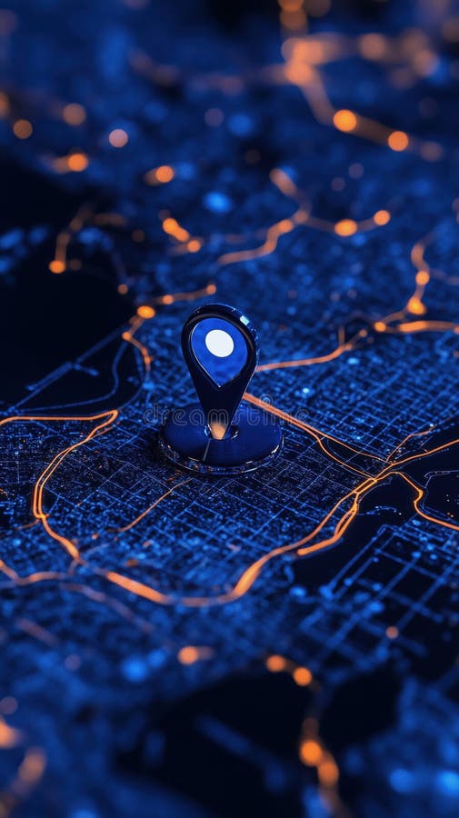 Digital map displaying location with pin marker, illuminated in blue tones stock illustration
