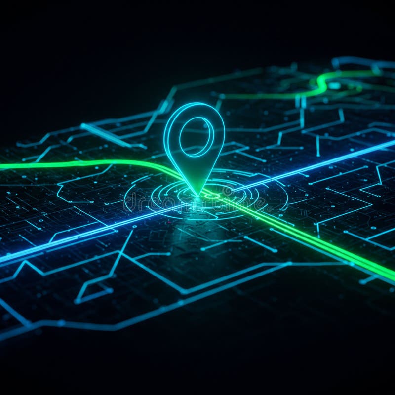 A digital map interface featuring a glowing blue location marker stands prominently vector illustration
