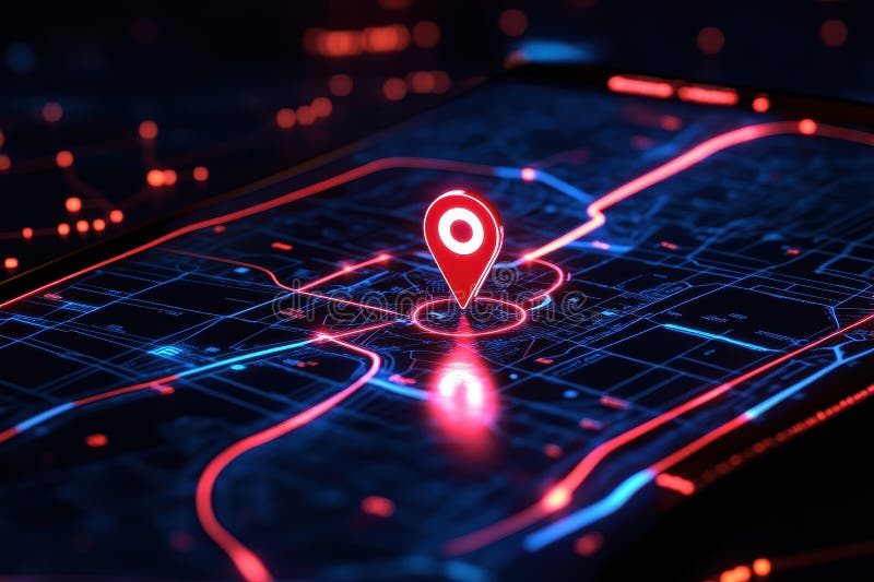 A digital map interface highlighting a location with a pin marker in a futuristic style stock illustration