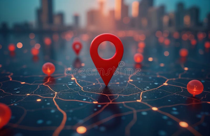 Digital map interface shows red location marker. City landscape blurred background. Tech map displays city streets, pathways. vector illustration