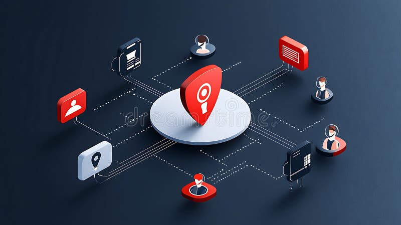 Digital map marker, network connections, user icons, technology, communication, data visualization vector illustration