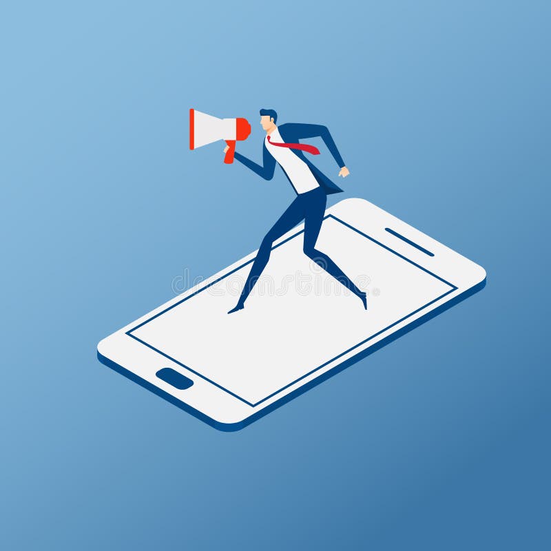 Digital marketing and advertising concept. Businessman coming through from smartphone and using megaphone saying online marketing royalty free illustration