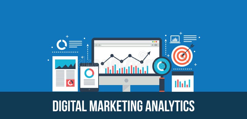 Digital-Marketing-Analytik und -daten berichten - über flaches Konzept des Entwurfes stock abbildung
