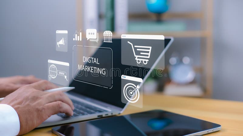 Digital marketing concept, Hands using computer with icon Representing online advertising, E-commerce, SEO, Social media,Targeting royalty free stock photos