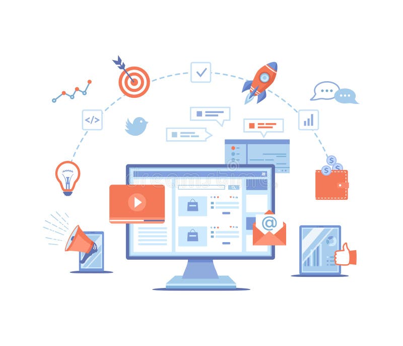 Digital Marketing concept. Landing page template. Business analysis, targeting, management. Social network and media communication royalty free illustration