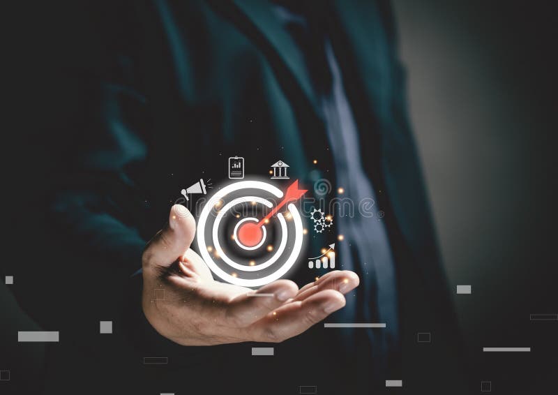 Digital marketing goal. A businessman holds a virtual bullseye with a dart in the middle to target the positioning of his business vector illustration