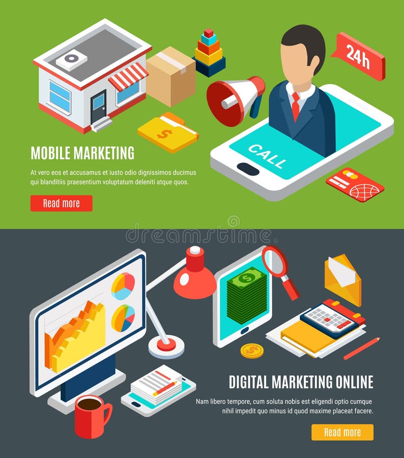 Digital-Marketing-isometrische Fahnen vektor abbildung Digital-Marketing-isometrische Fahnen vektor abbildung