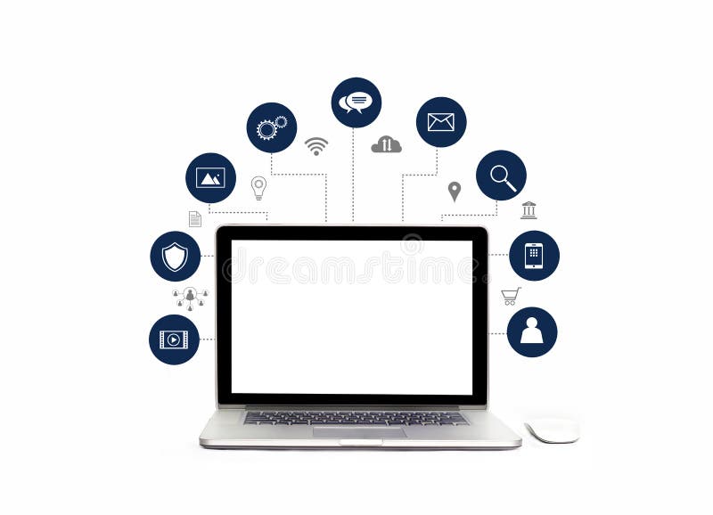 Digital-Marketing Laptop-Computer mit weißem Schirmfreiem raum und digitalem Marketing der virtuellen Ikone