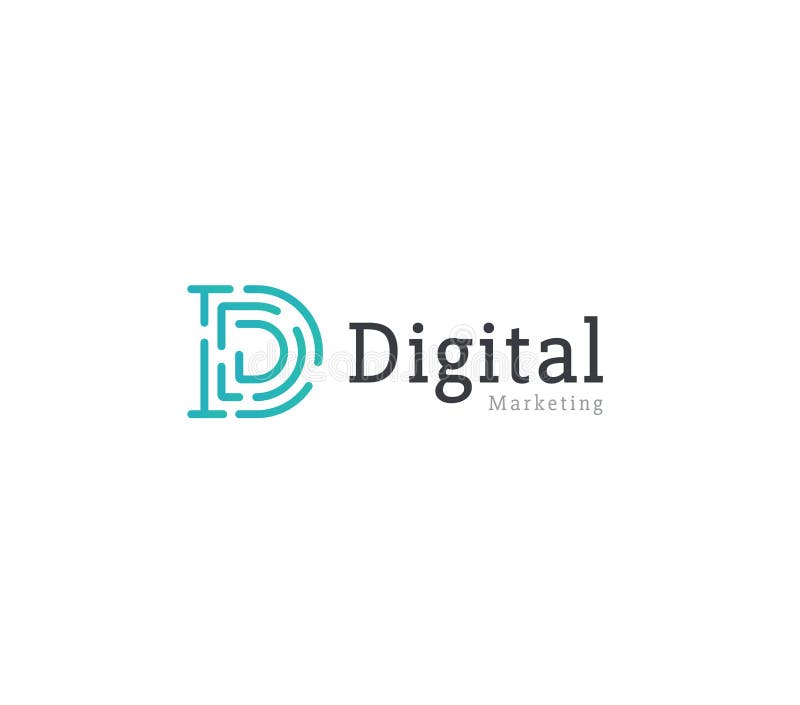 Digital Marketing Monogrammschlagbuchstabe d. flach abstraktes Emblem der linearen Logoschablone. Konzeptfirmenzeichenentwurf für vektor abbildung