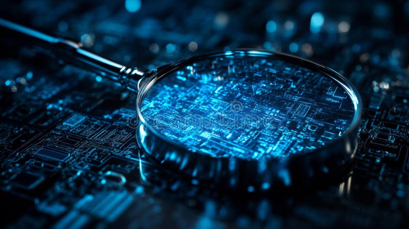 Digital Marketing Optimization Circuit Board with Magnifying Glass Exploring SEO Concepts. vector illustration