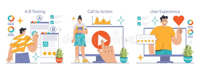 Digital Marketing set. Analyzing A B test results, engaging call-to-action strategies royalty free illustration