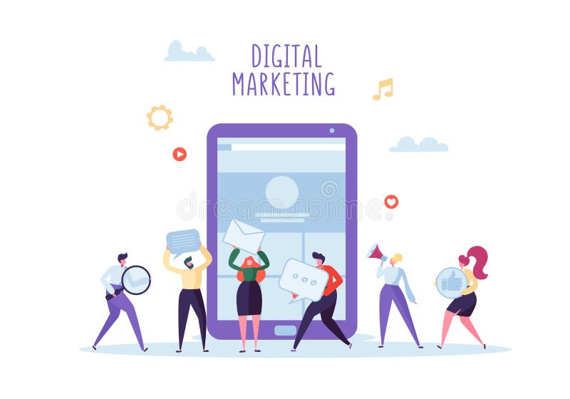Digital-Marketing, Soziales Netz, SEO Concept Flache Geschäftsleute, die zusammen an neuem Website-Projekt arbeiten Team Arbeit lizenzfreie abbildung