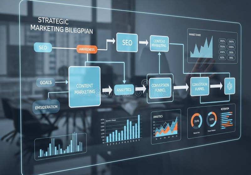 A digital marketing strategy diagram displayed on a transparent screen in an office environment. It royalty free illustration