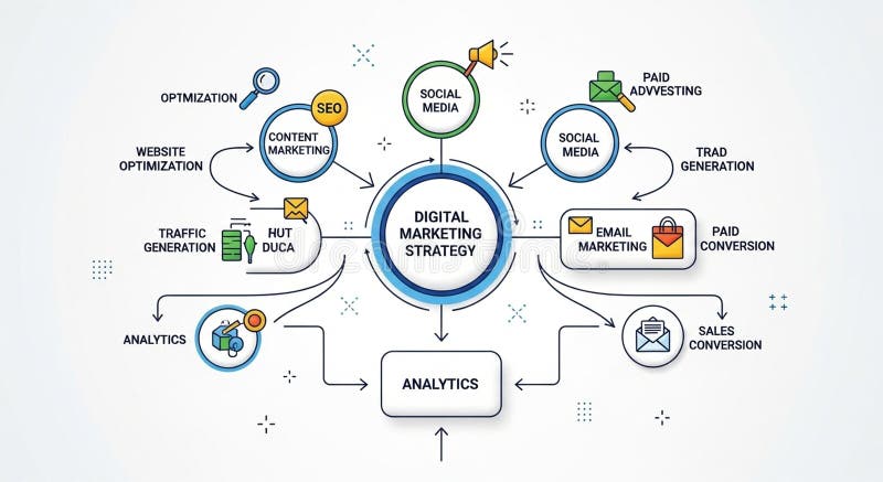 Digital marketing strategy diagram featuring a vector illustration