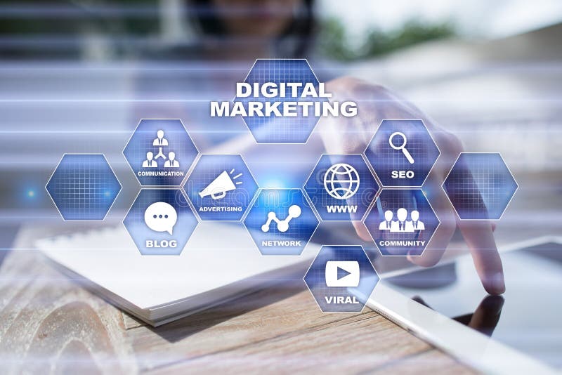 Digital-Marketing-Technologiekonzept Internet Online Suchmaschinen-Optimierung SEO SMM Videowerbung stock abbildung