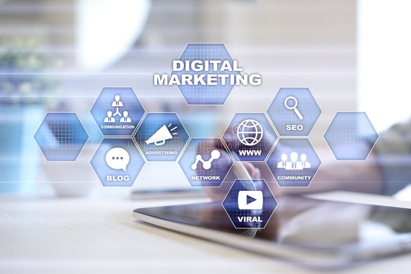 Digital-Marketing-Technologiekonzept Internet Online Suchmaschinen-Optimierung SEO SMM Videowerbung lizenzfreie abbildung