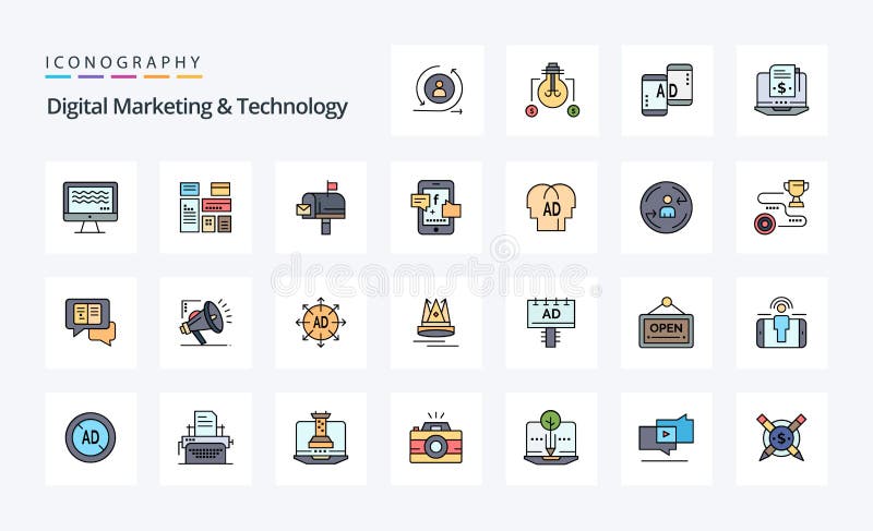25 Digital Marketing and Technology Line Filled Style Icon Pack Stock
