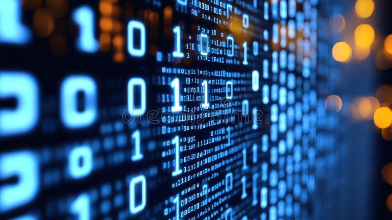 Digital Matrix Abstract Binary Code Display with Bokeh Lights stock photo