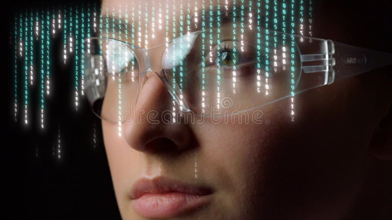 Digital matrix glasses hologram display column numbers futuristic device closeup royalty free stock images