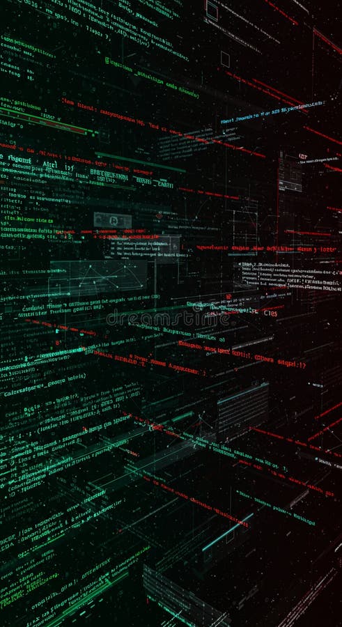 A digital matrix of glowing text lines, featuring green and red code against a black royalty free illustration