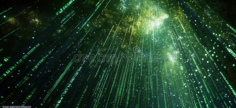 Digital Matrix with Green Binary Code and Cosmic Background stock photo