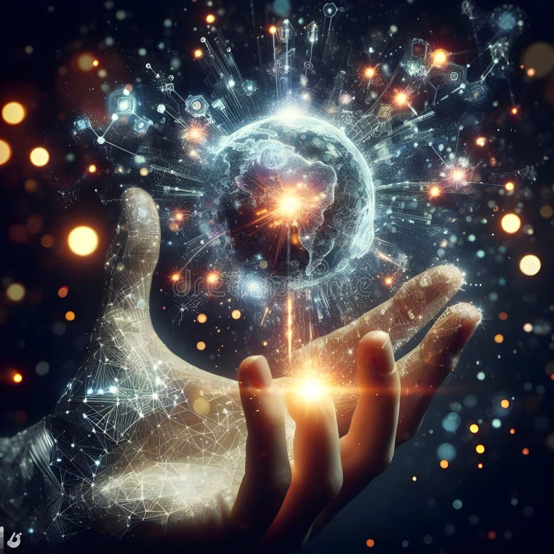 Digital matrix hand global sparks connections data science stock image