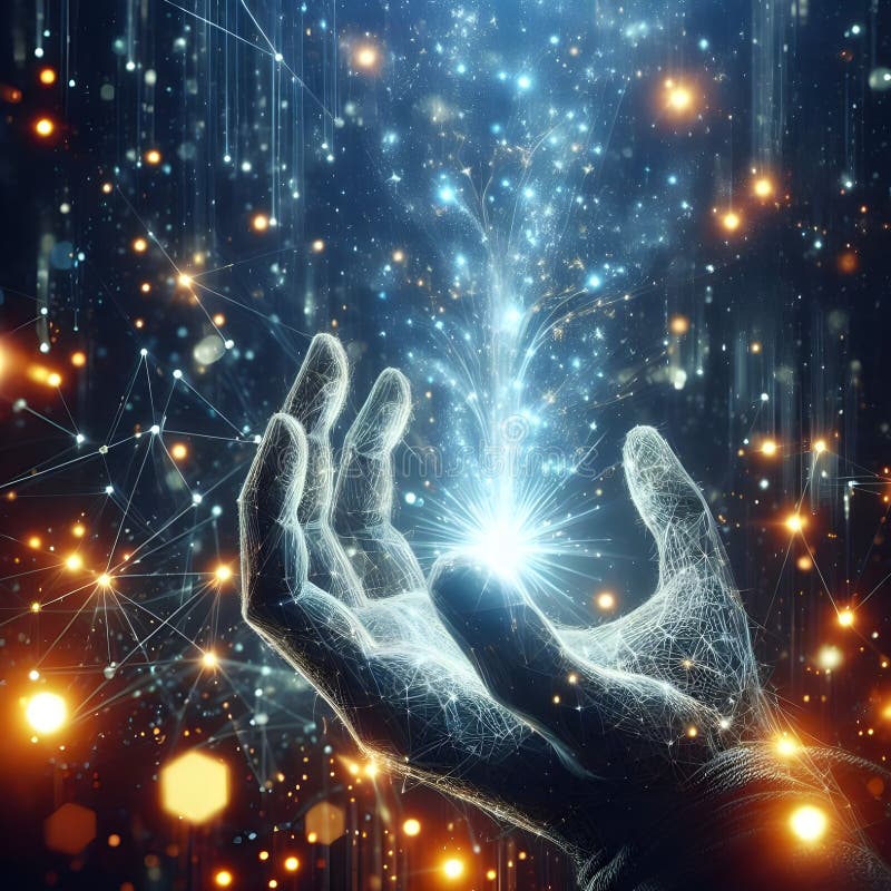 Digital matrix hand magical sparks connections data science stock photo