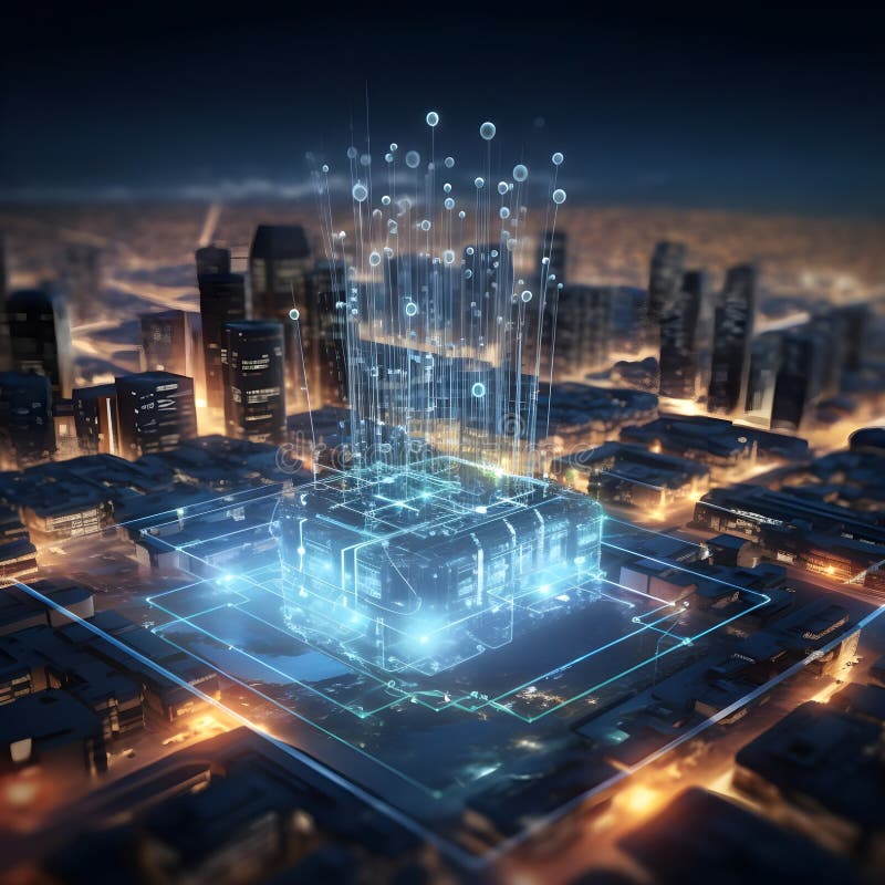 Digital matrix technology connections urban city center AI stock illustration