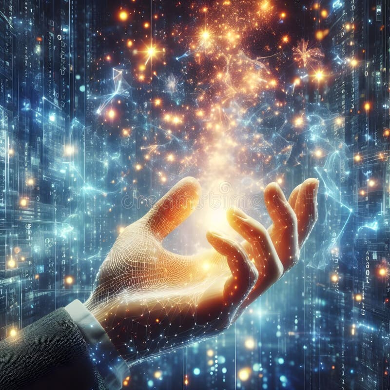 Digital matrix technology hand glowing sparks information data science stock image