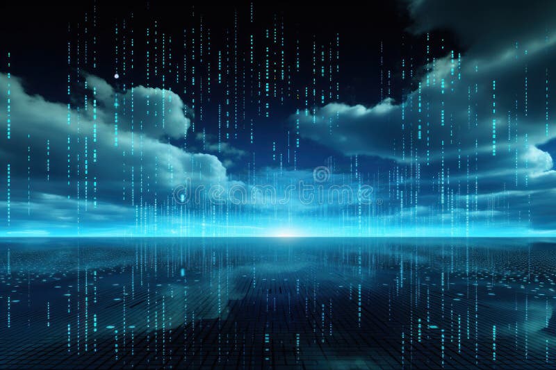 Digital matrix theme light blue sky and clouds backgrounds. AI generated