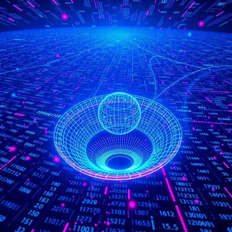 Digital Matrix World. Цифровой ландшафт, состоящий из сетки, заполненной цифрами и потоками данных в розовом и синем цветах. Светящаяся сфера каркаса висит над похожей на воронку структурой, напоминающей цифровой вихрь. Перспектива и структура создают ощущение глубины и движения, предлагая футуристическую и абстрактную концепцию потока данных или виртуальных сред.