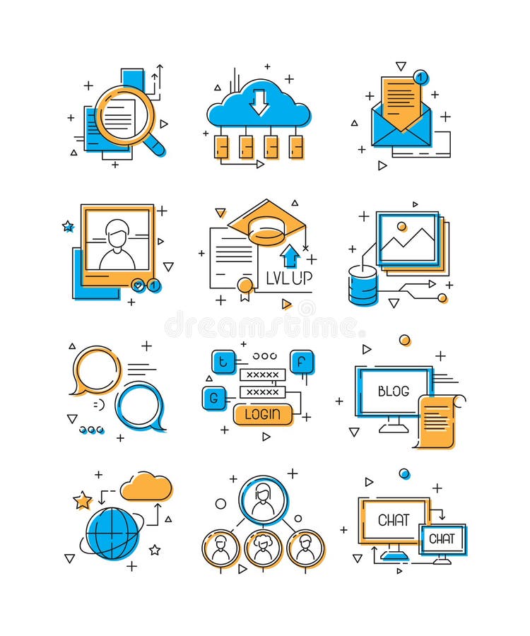 Digital media icons. Social marketing, community people group to web talk mobile connection illustrative colored line stock illustration Digital media icons. Social marketing, community people group to web talk mobile connection illustrative colored line stock illustration