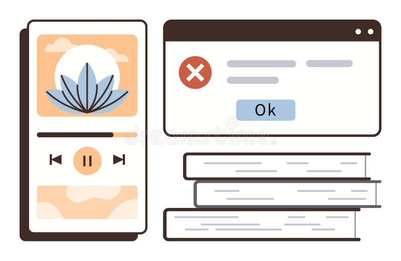 Digital Media Player, Error Message, and Stacked Books Representing Technology and Knowledge stock illustration