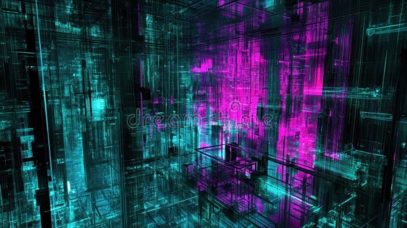 Digital Metropolis: A Symphony of Turquoise and Magenta Light in Abstract Structure stock photo