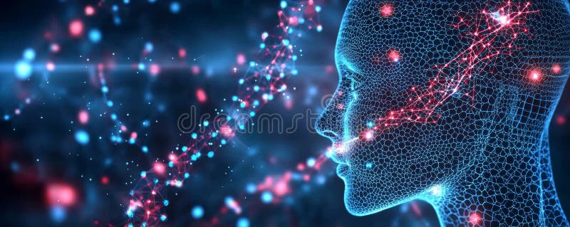 The Digital Mind A Wired Mesh of Thoughts and Connections, Illuminated by Red and Blue vector illustration