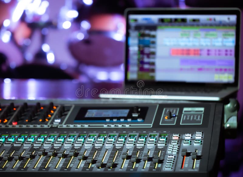 Digital mixer in a recording Studio , with a computer for recording music. The concept of creativity and show business. Space for text