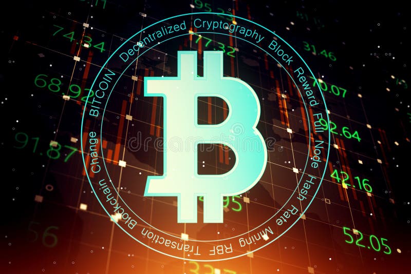Digital money exchange and crypto currency concept with bitcoin icon on dark technological background with stats data. 3D stock illustration