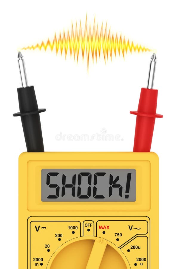 Digital multimeter with SHOCK! word on display and electric flash vector illustration