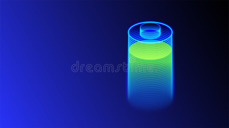 Digital neon lithium ion battery. Fast charging and battery health. Power source and energy technology background. stock illustration