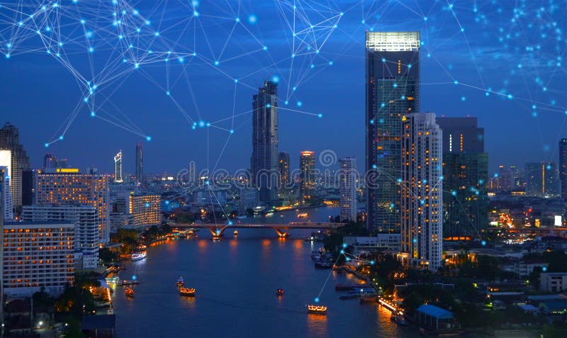 Digital network connection lines of Sathorn with Chao Phraya river, Bangkok Downtown, Thailand. Financial district and business royalty free stock photos Digital network connection lines of Sathorn with Chao Phraya river, Bangkok Downtown, Thailand. Financial district and business royalty free stock photos