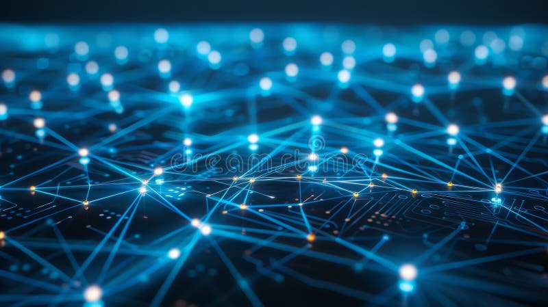 Abstract glowing circuit board with interconnected nodes symbolizing network, technology, and connectivity. Ideal for illustrating data flow, AI, blockchain, or the digital future. Database board illustrations