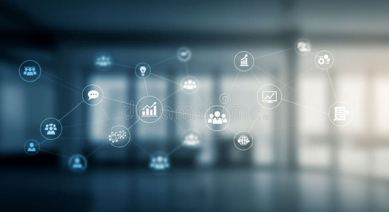 Digital network diagram with interconnected icons floating over a blurred office stock illustration