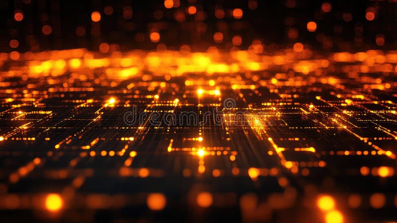 Abstract network of luminous dots and lines forming a digital grid, illustrating data flow, high speed information exchange, and technological connection in a futuristic orange light background. Blockchain network analysis stock images, royalty-free photos and pictures